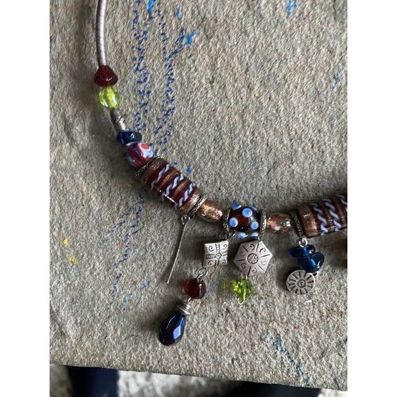 Collar Necklace Glass Beads Metallic Silver Tone Artisan Blue Brown Green - Picture 2 of 8